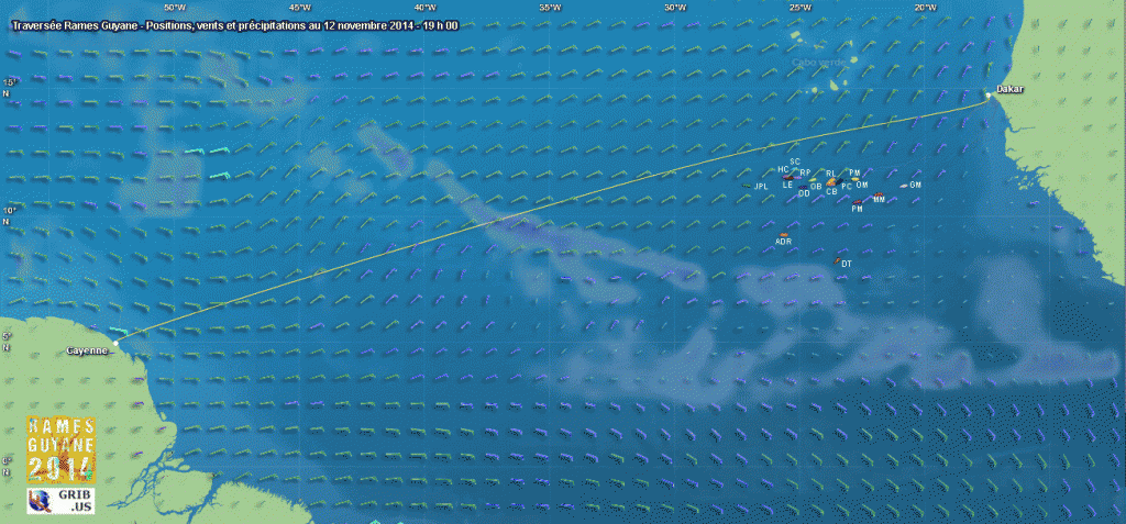 Positions des skippers, vents et précipitations au 12 novembre